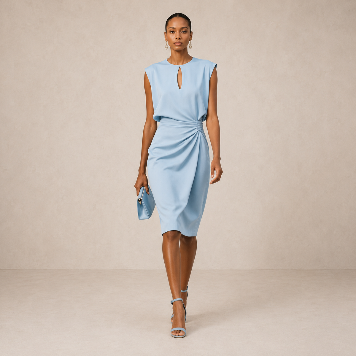 Women's sleeveless midi dress with crew neckline and wrap waist detail
