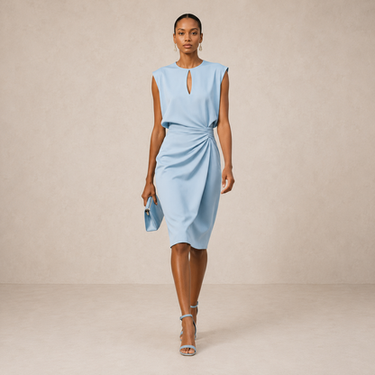 Women's sleeveless midi dress with crew neckline and wrap waist detail