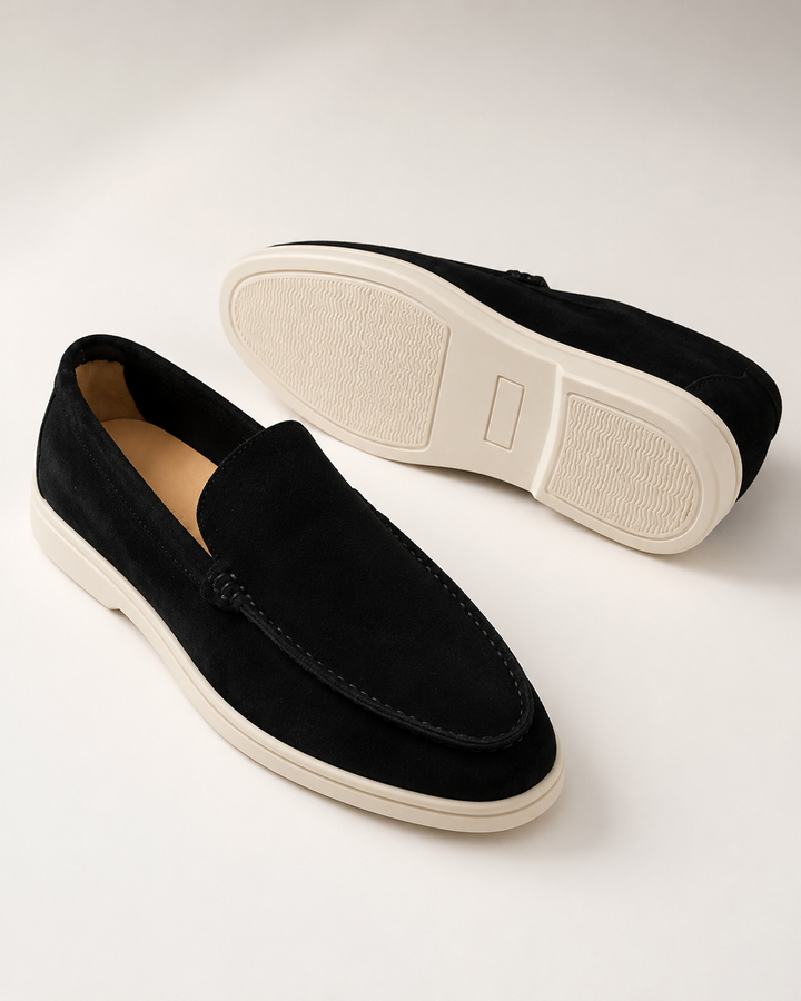 Men's rounded-toe slip-on loafers with moc-toe stitching and contrasting soles