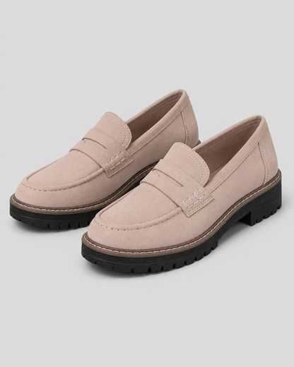 Women's slip-on loafers with penny straps, stitched trim and chunky lug soles