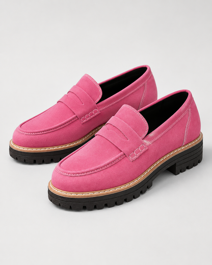 Women's slip-on loafers with penny straps, stitched trim and chunky lug soles