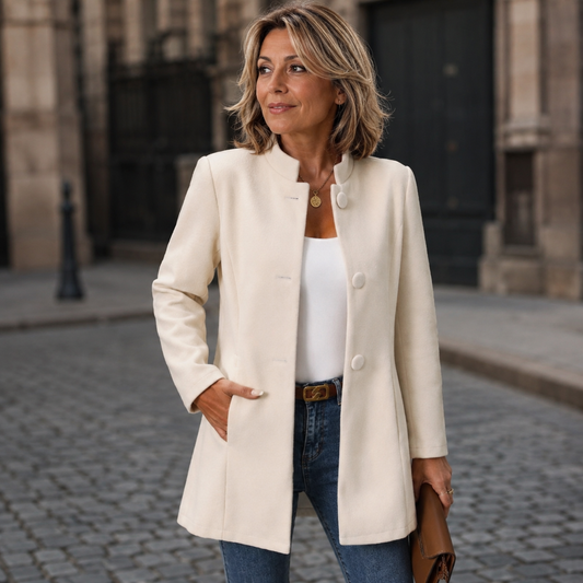 Women's long structured blazer with Mandarin collar, long sleeves, buttons and front pockets