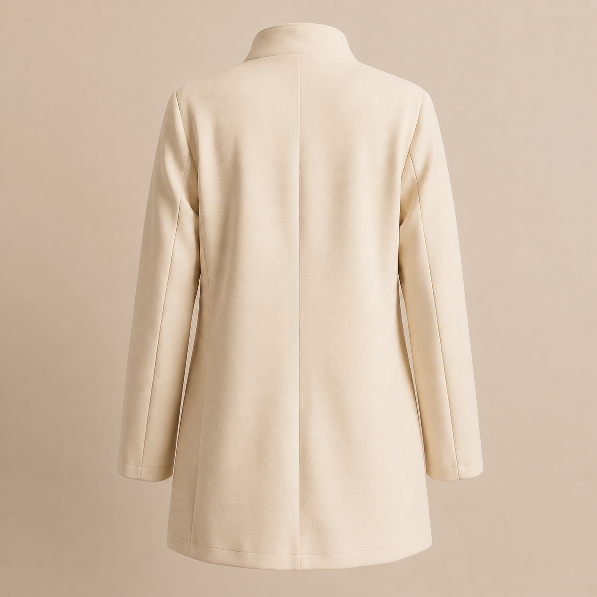 Women's long structured blazer with Mandarin collar, long sleeves, buttons and front pockets