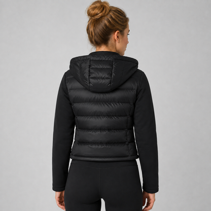 Women's black cropped hooded puffer jacket with long sleeves and front zip
