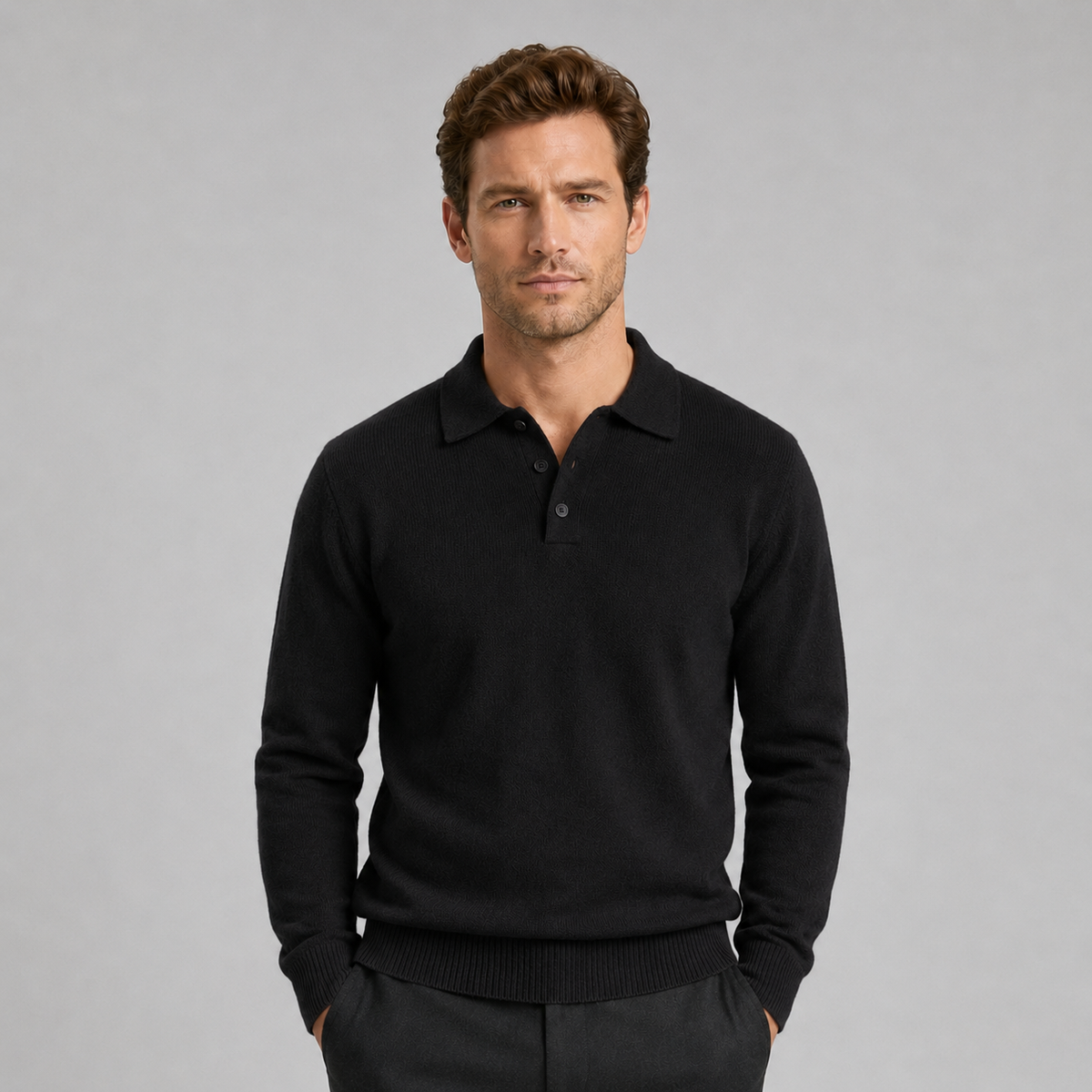Men's black textured polo jumper with long sleeves and button placket