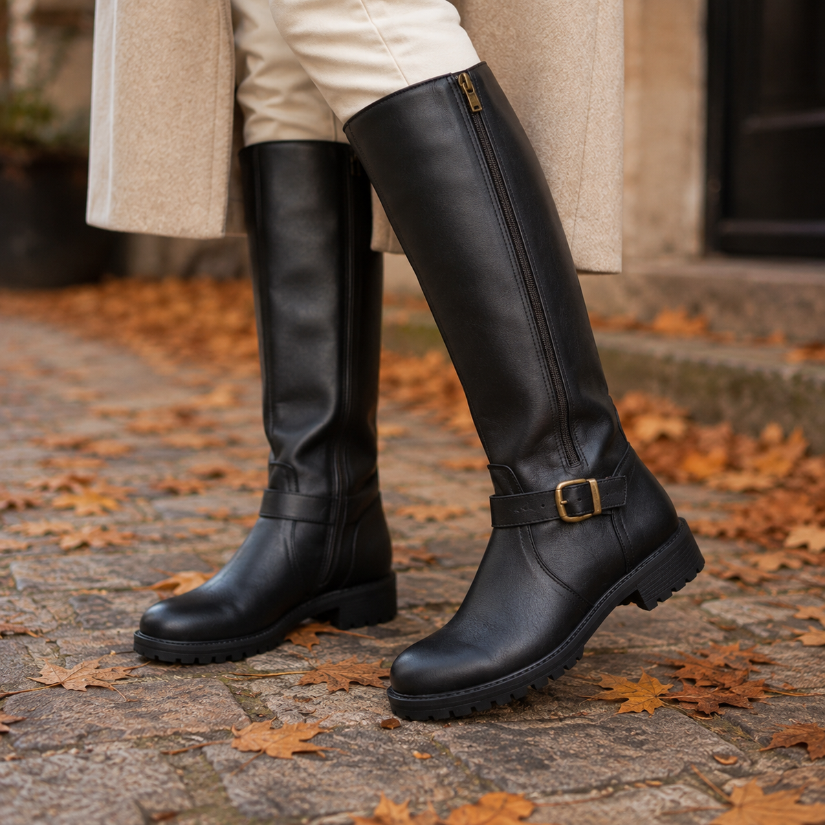 Women's tall boots with back zipper, buckle strap and lugged sole