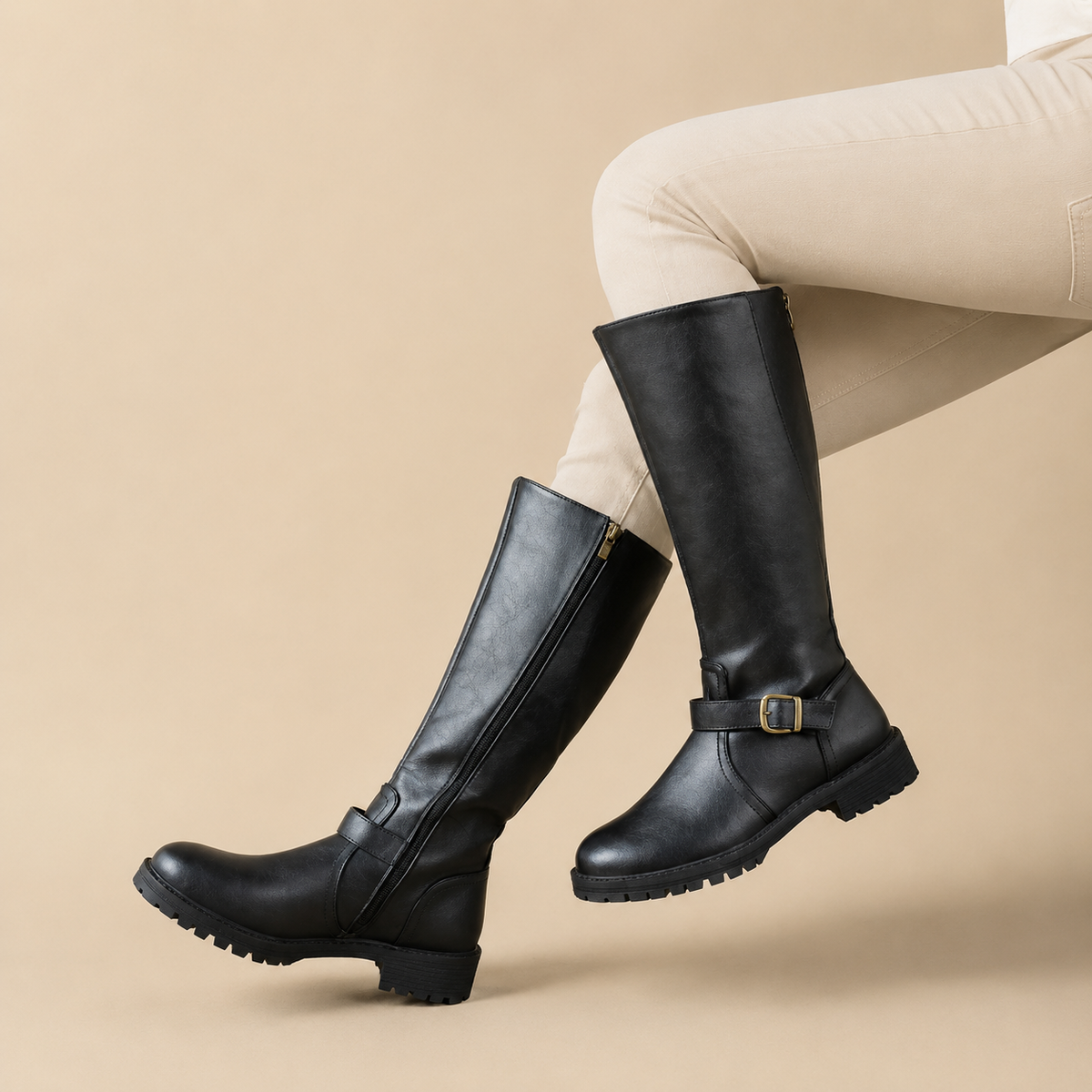 Women's tall boots with back zipper, buckle strap and lugged sole