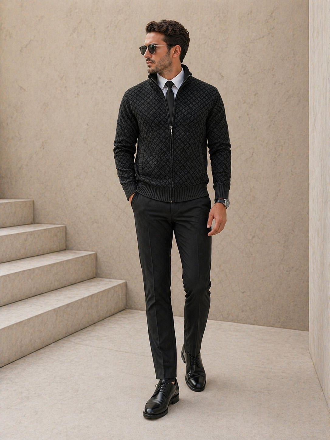Men's geometric jacquard zip cardigan with mock neck and ribbed trims