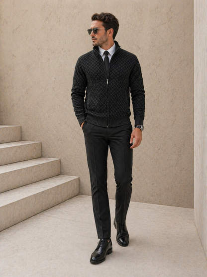 Men's geometric jacquard zip cardigan with mock neck and ribbed trims