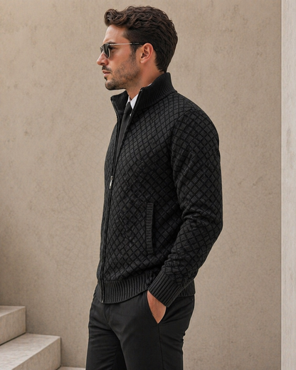 Men's geometric jacquard zip cardigan with mock neck and ribbed trims