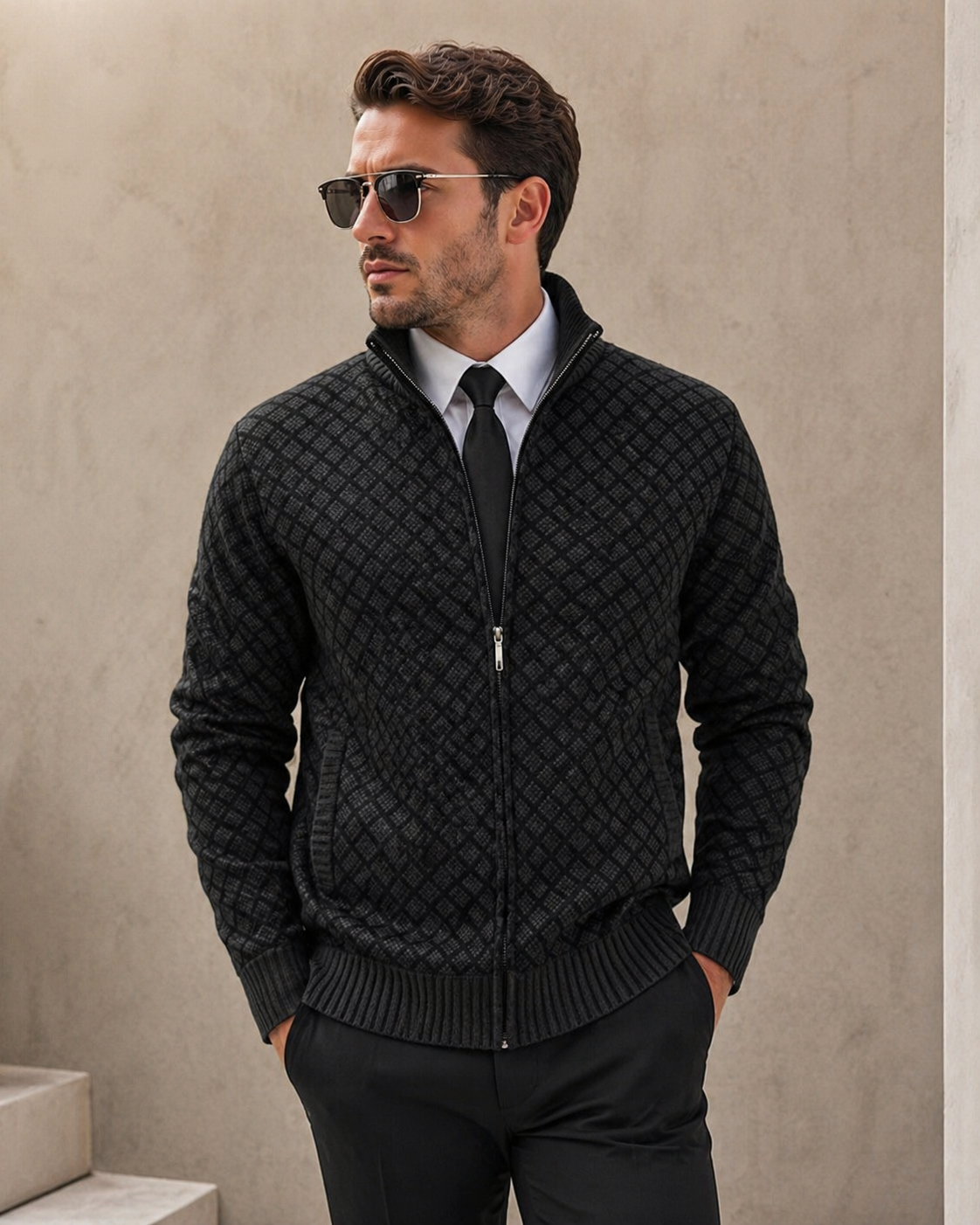 Men's geometric jacquard zip cardigan with mock neck and ribbed trims