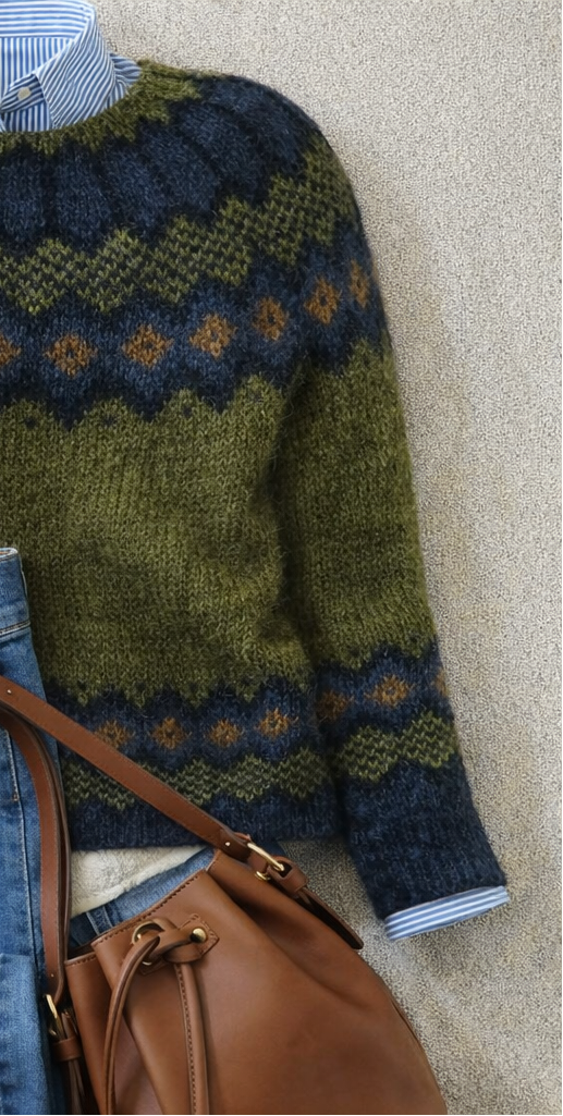 Women's green Nordic pattern knit sweater with long sleeves