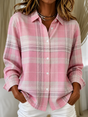 Women's checked cardigan with shirt collar, long sleeves and button front
