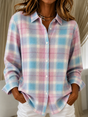 Women's checked cardigan with shirt collar, long sleeves and button front
