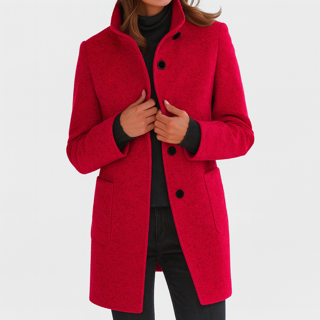Women's solid winter coat with stand collar, button front, long sleeves and two patch pockets
