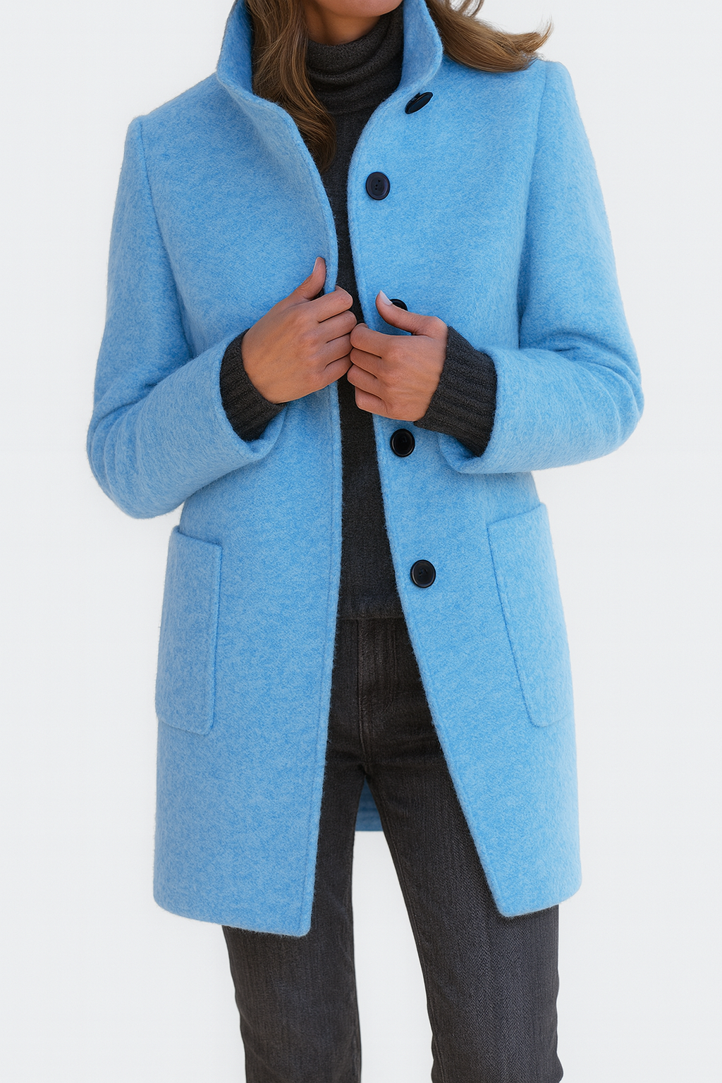 Women's solid winter coat with stand collar, button front, long sleeves and two patch pockets