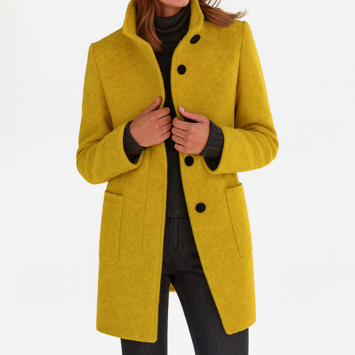 Women's solid winter coat with stand collar, button front, long sleeves and two patch pockets