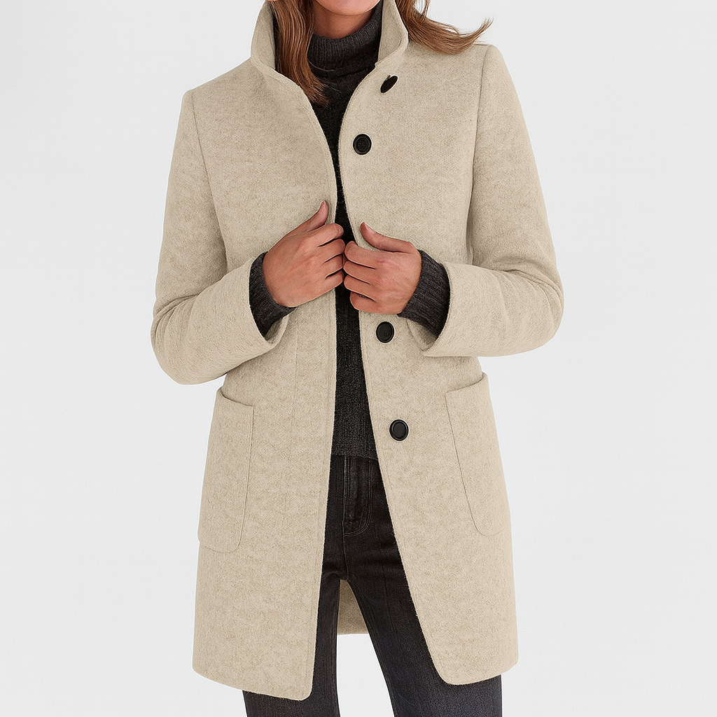 Women's solid winter coat with stand collar, button front, long sleeves and two patch pockets