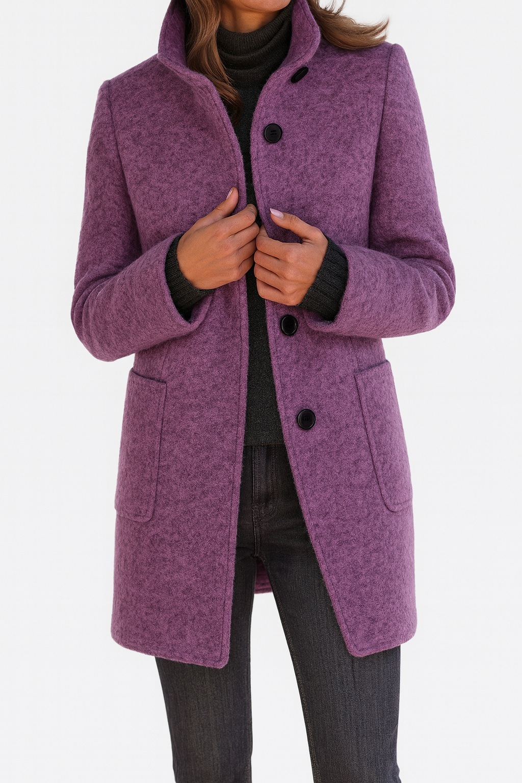 Women's solid winter coat with stand collar, button front, long sleeves and two patch pockets