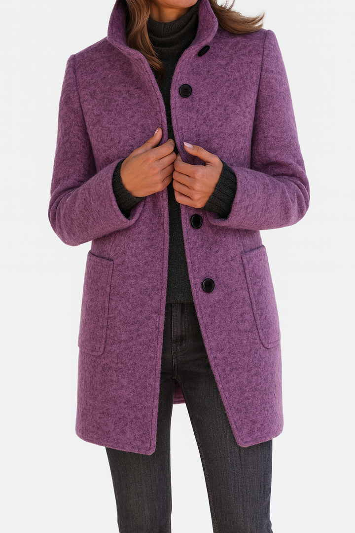 Women's solid winter coat with stand collar, button front, long sleeves and two patch pockets