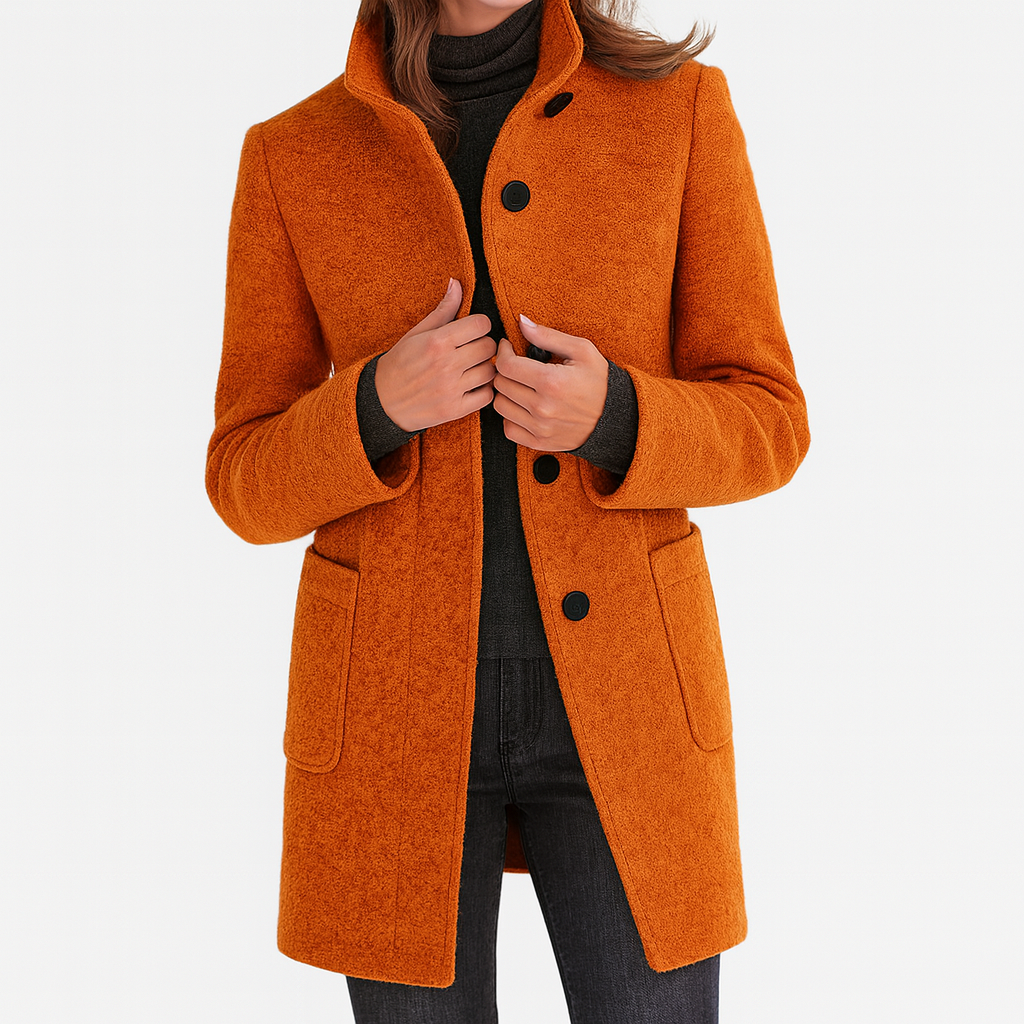 Women's solid winter coat with stand collar, button front, long sleeves and two patch pockets