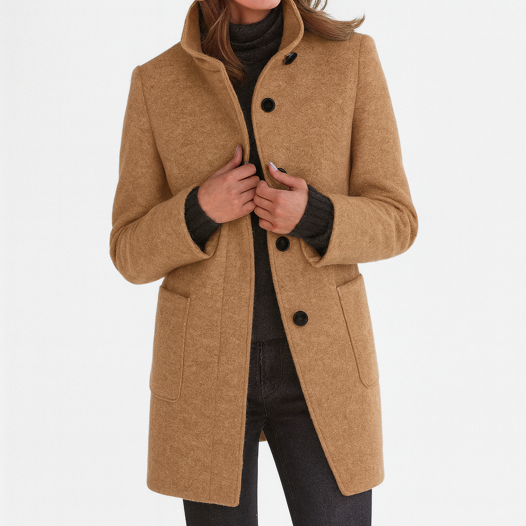Women's solid winter coat with stand collar, button front, long sleeves and two patch pockets