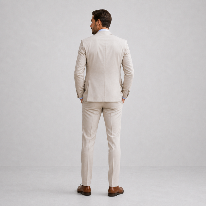 Men's three-piece suit with notch lapel jacket, waistcoat and trousers
