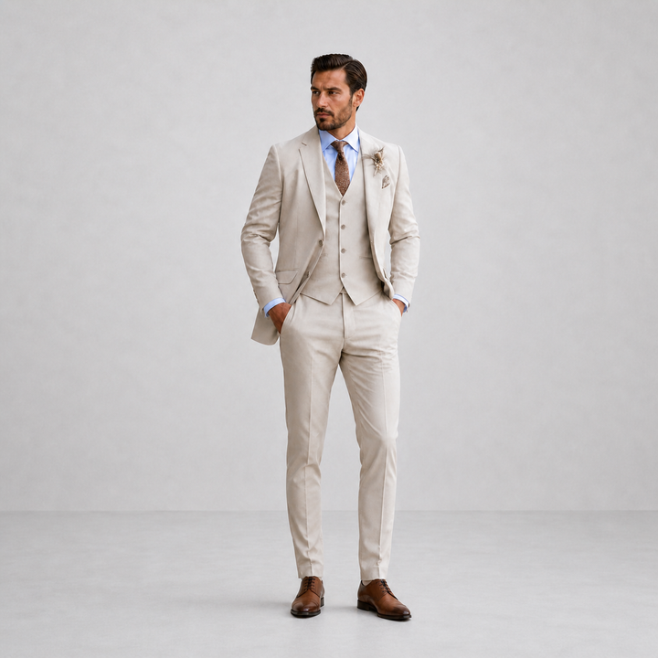 Men's three-piece suit with notch lapel jacket, waistcoat and trousers