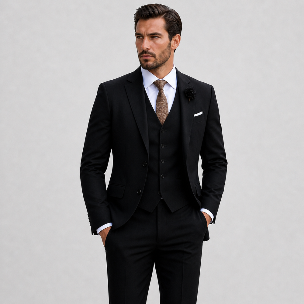 Men's three-piece suit with notch lapel jacket, waistcoat and trousers