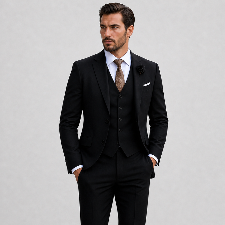 Men's three-piece suit with notch lapel jacket, waistcoat and trousers