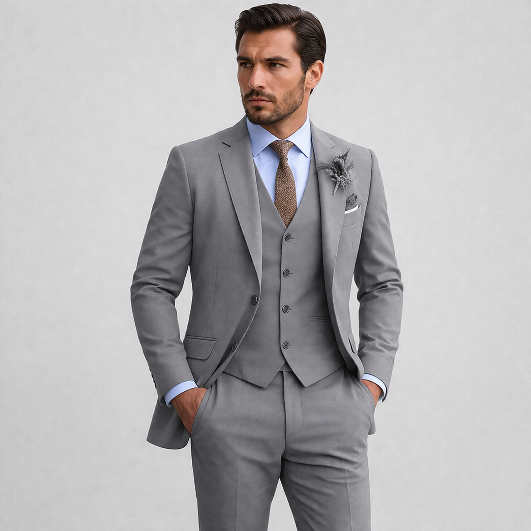 Men's three-piece suit with notch lapel jacket, waistcoat and trousers