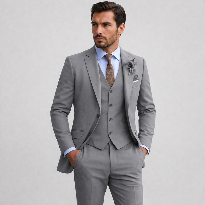 Men's three-piece suit with notch lapel jacket, waistcoat and trousers