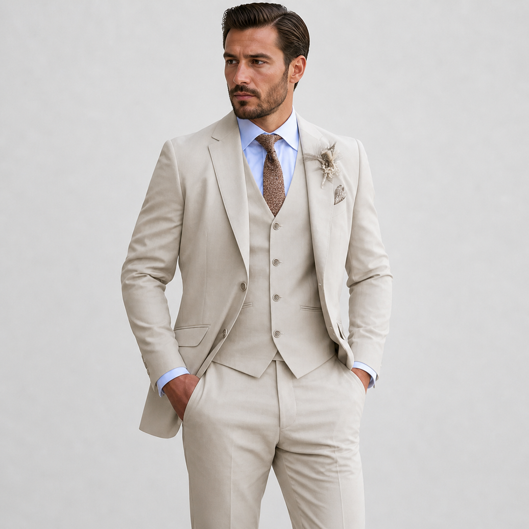 Men's three-piece suit with notch lapel jacket, waistcoat and trousers