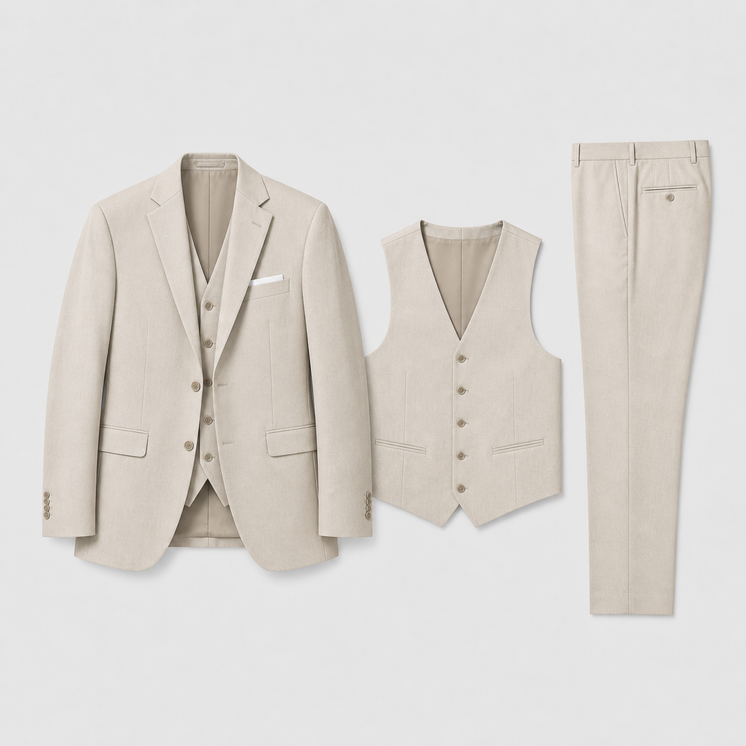 Men's three-piece suit with notch lapel jacket, waistcoat and trousers
