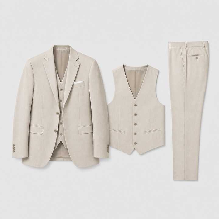 Men's three-piece suit with notch lapel jacket, waistcoat and trousers
