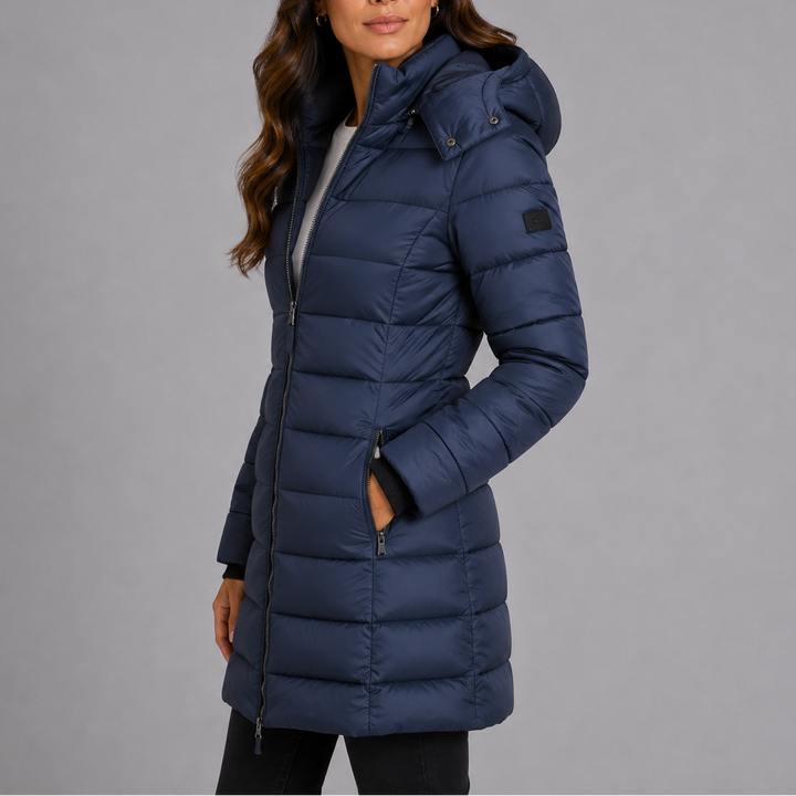 Women's knee-length hooded quilted puffer coat with long sleeves and zip pockets