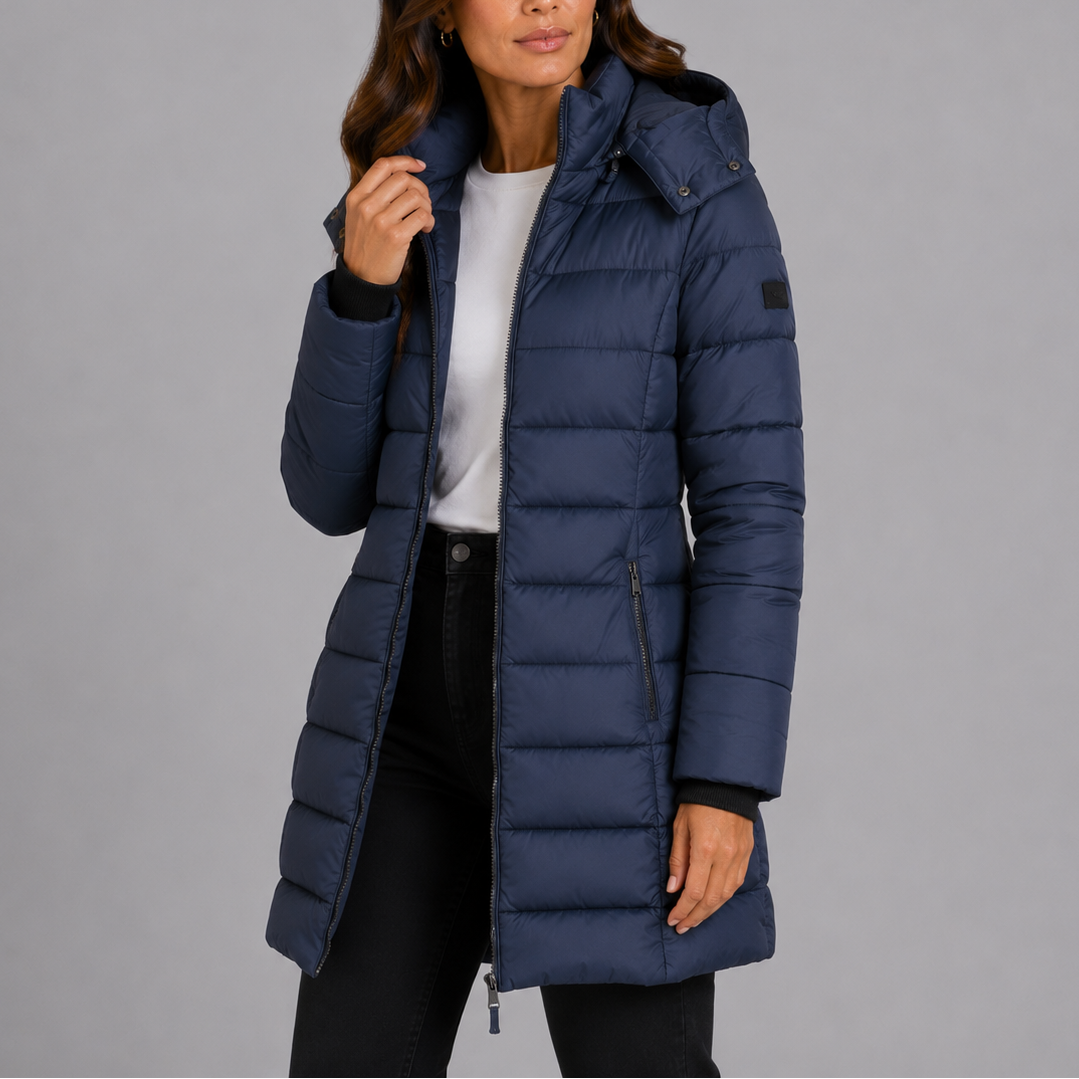 Women's knee-length hooded quilted puffer coat with long sleeves and zip pockets