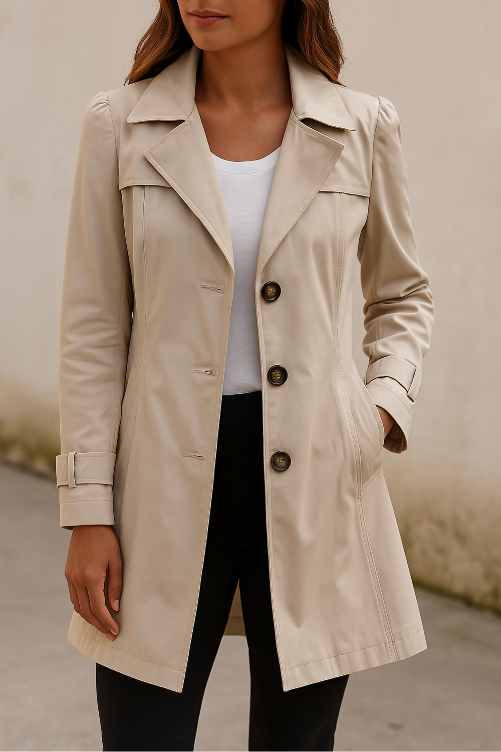 Women's classic trench coat with notched collar and buttons