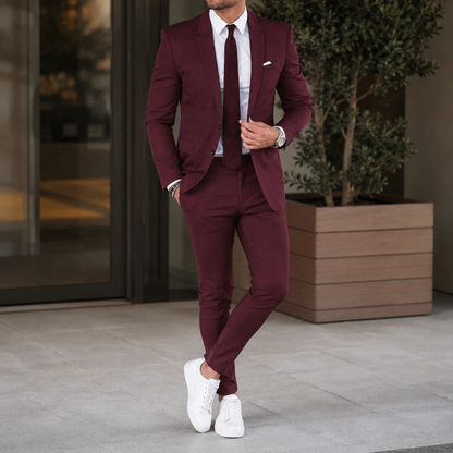 Men's two-piece suit with notch-lapel blazer, matching trousers and long sleeves
