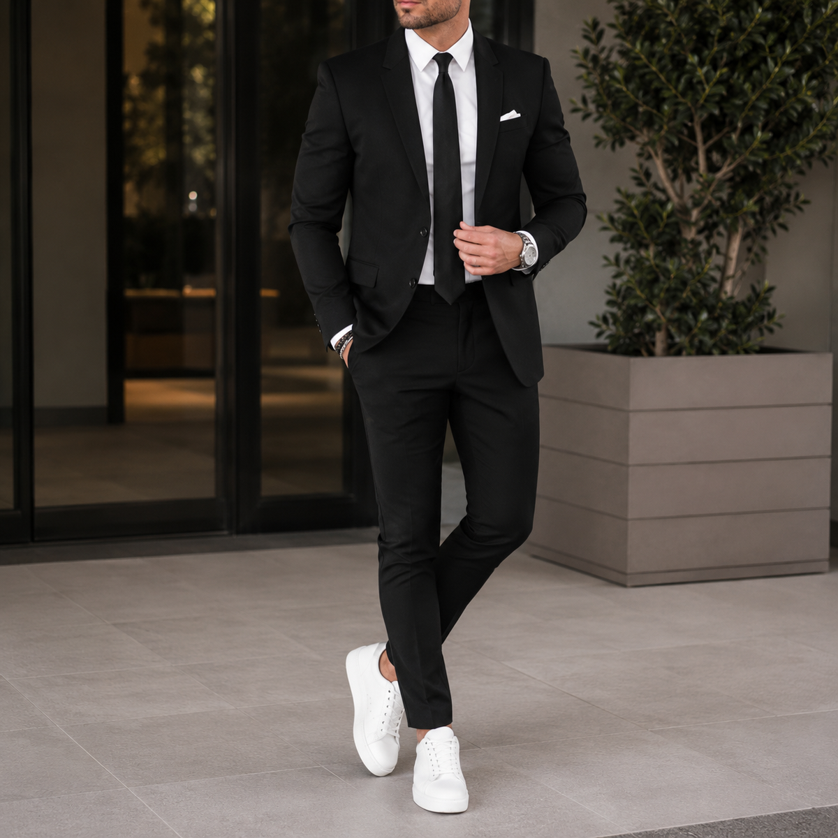 Men's two-piece suit with notch-lapel blazer, matching trousers and long sleeves