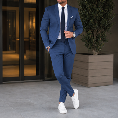 Men's two-piece suit with notch-lapel blazer, matching trousers and long sleeves
