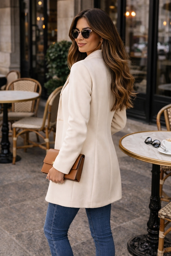 Women's longline stand collar coat with covered buttons