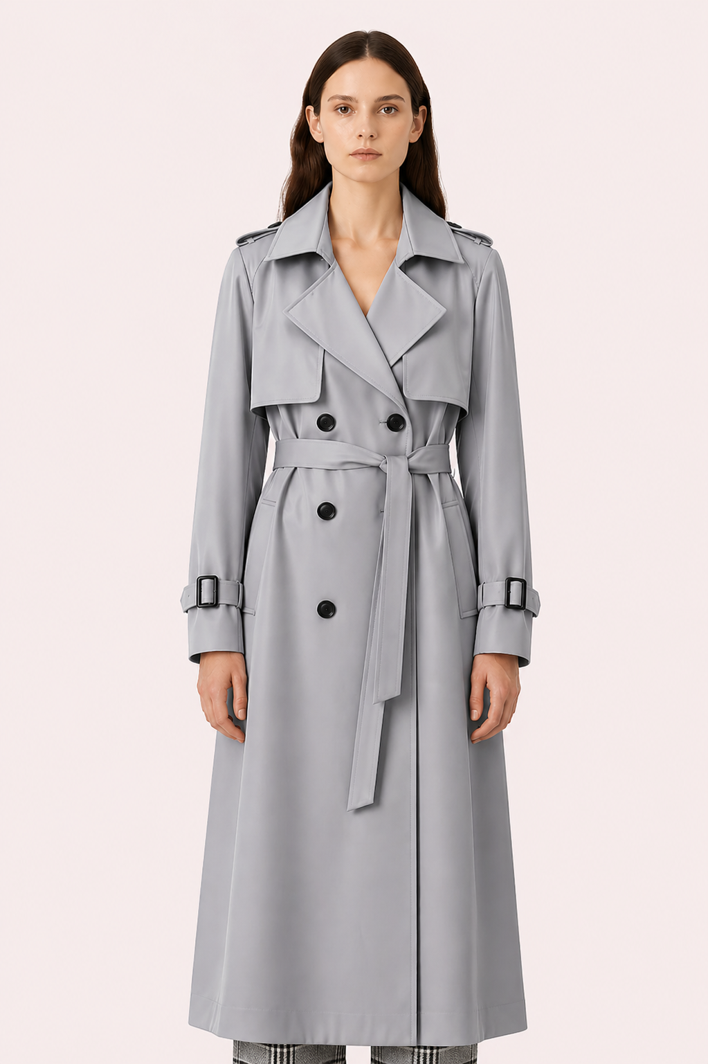 Women's belted double-breasted trench coat with long sleeves and notched collar