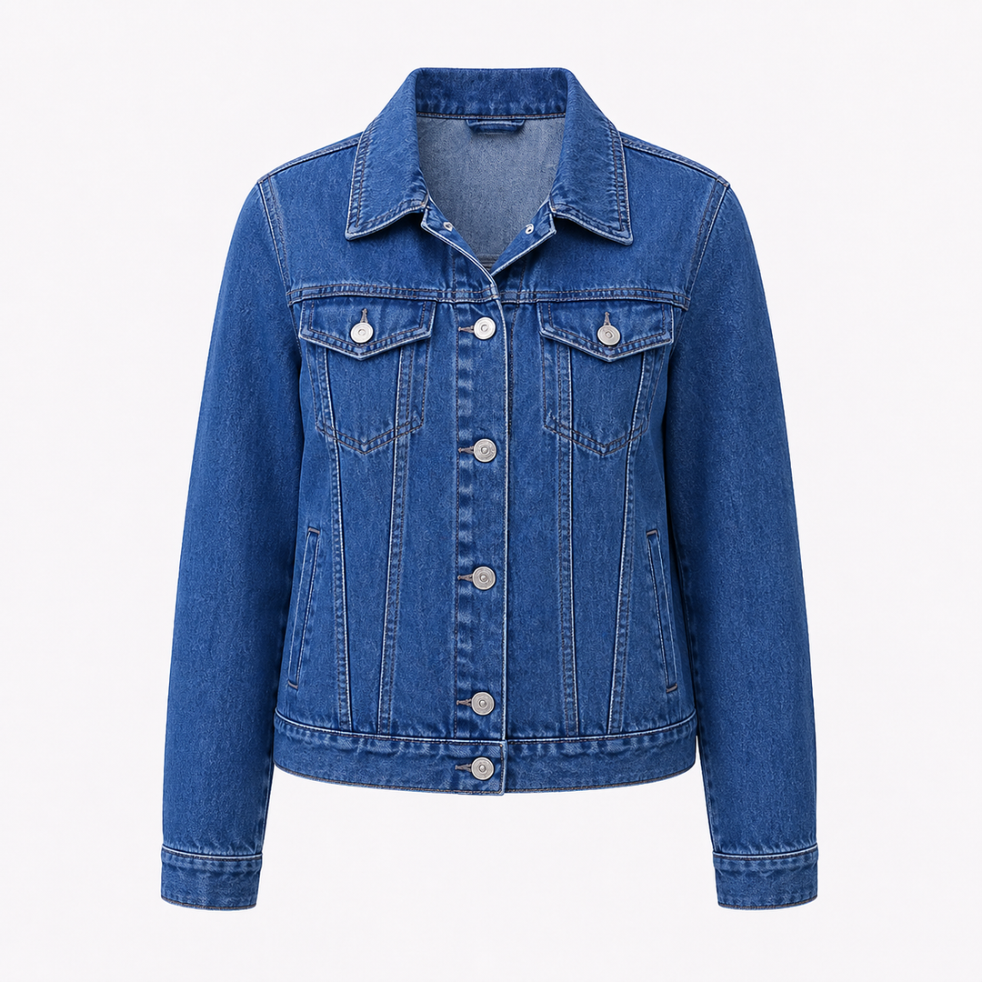 Women's relaxed denim jacket with button front and chest pockets