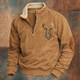 Men's quarter-zip pullover with embroidered deer motif and mock collar