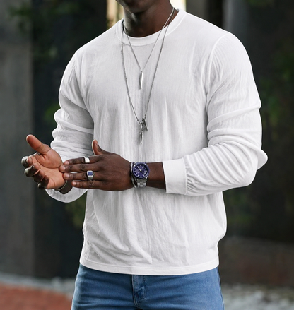 Men's long-sleeve textured crew neck sweater with ribbed trims