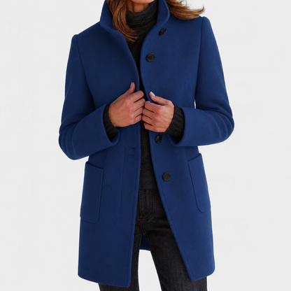 Women's button front coat with stand collar and two front pockets