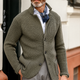 Men's textured knit cardigan with stand collar and buttons