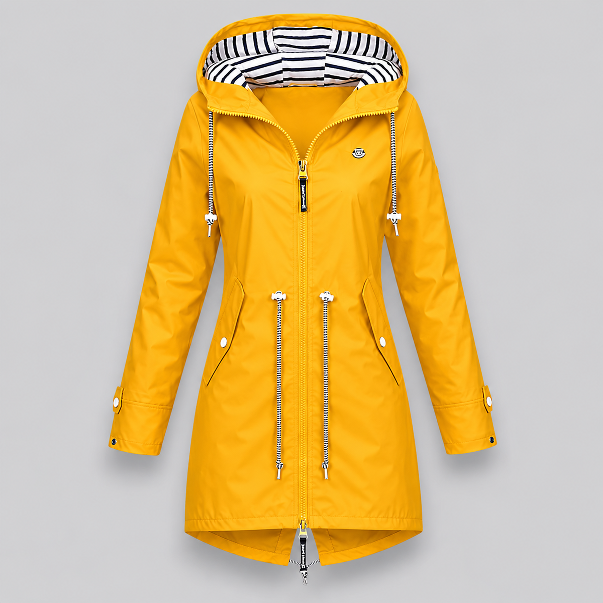 Women's longline hooded parka jacket with drawstring details and angled pockets