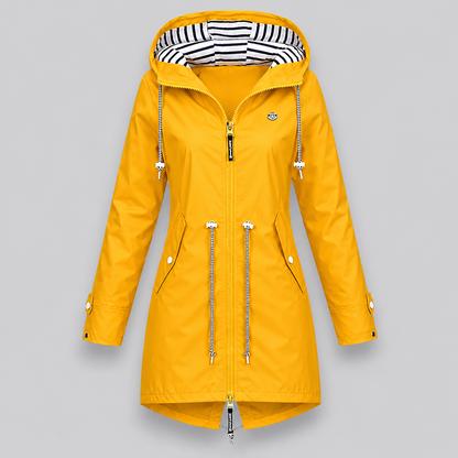 Women's longline hooded parka jacket with drawstring details and angled pockets